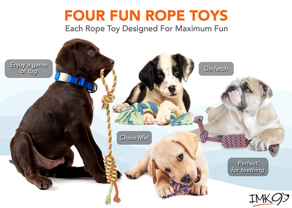 Rope Dog Toys - Set of 4 Different Toys For Large and Small Dogs - Suitable For Agressive Chewers - 100% Cotton - With Ball, Thick Teething Rope, Tug-of-War Toy and Fetching Bone