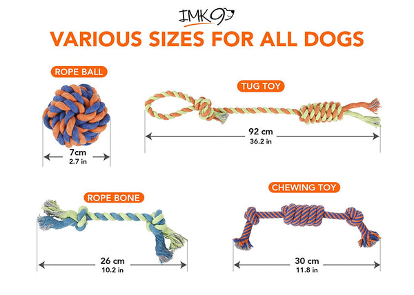 Rope Dog Toys - Set of 4 Different Toys For Large and Small Dogs - Suitable For Agressive Chewers - 100% Cotton - With Ball, Thick Teething Rope, Tug-of-War Toy and Fetching Bone
